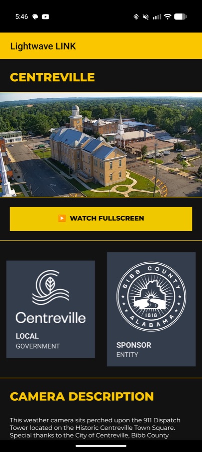 Lightwave LINK app showing the Centreville e911 dispatch tower live camera view