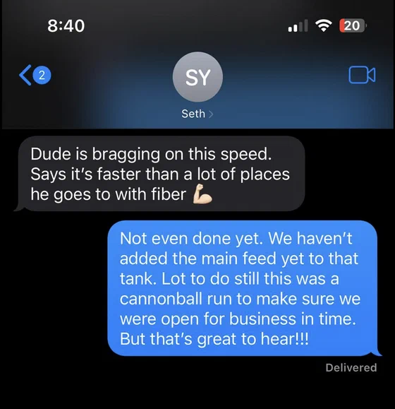 Customer text message reading: Dude is bragging on this speed. Says it's faster than a lot of places he goes to with fiber.